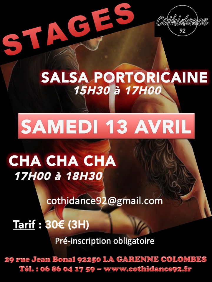 Samedi 13 avril Stage de Salsa portoricaine et de Cha Cha Cha