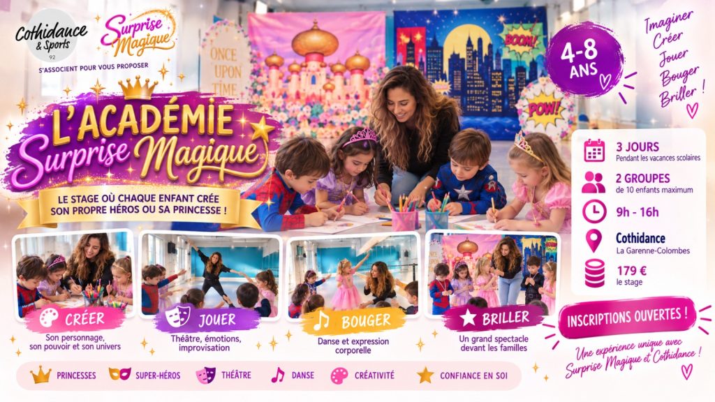 Affiche du stage de la Toussaint 2026, Académie Surprise Magique pour les 4 à 8 ans